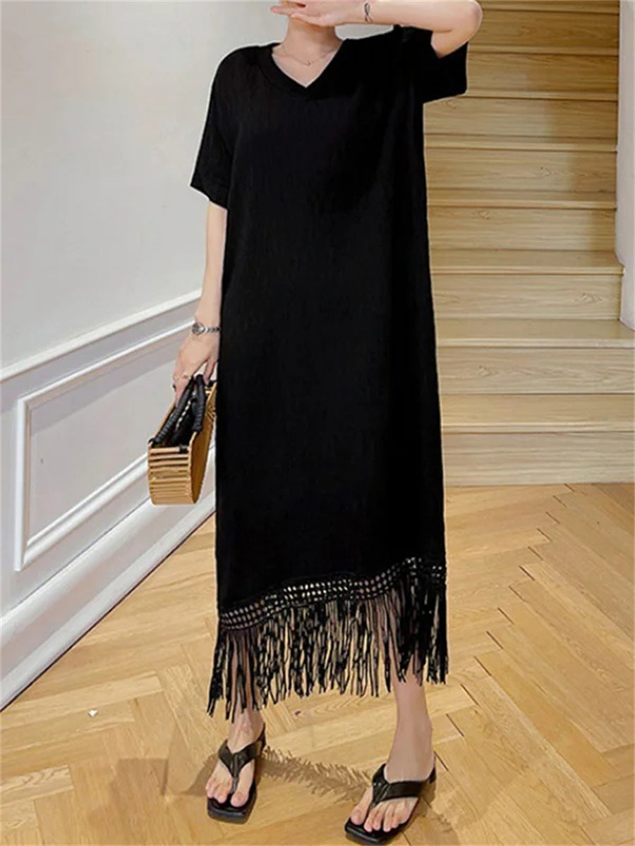 Loose Short Sleeves Solid Color Split-Joint Tasseled V-Neck Black Midi Dresses