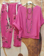 Blauer, bedruckter, bequemer, lockerer Zweiteiler mit 3/4-Ärmeln