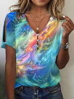 Multicolor Casual V Neck Printed Short Sleeve Blouse
