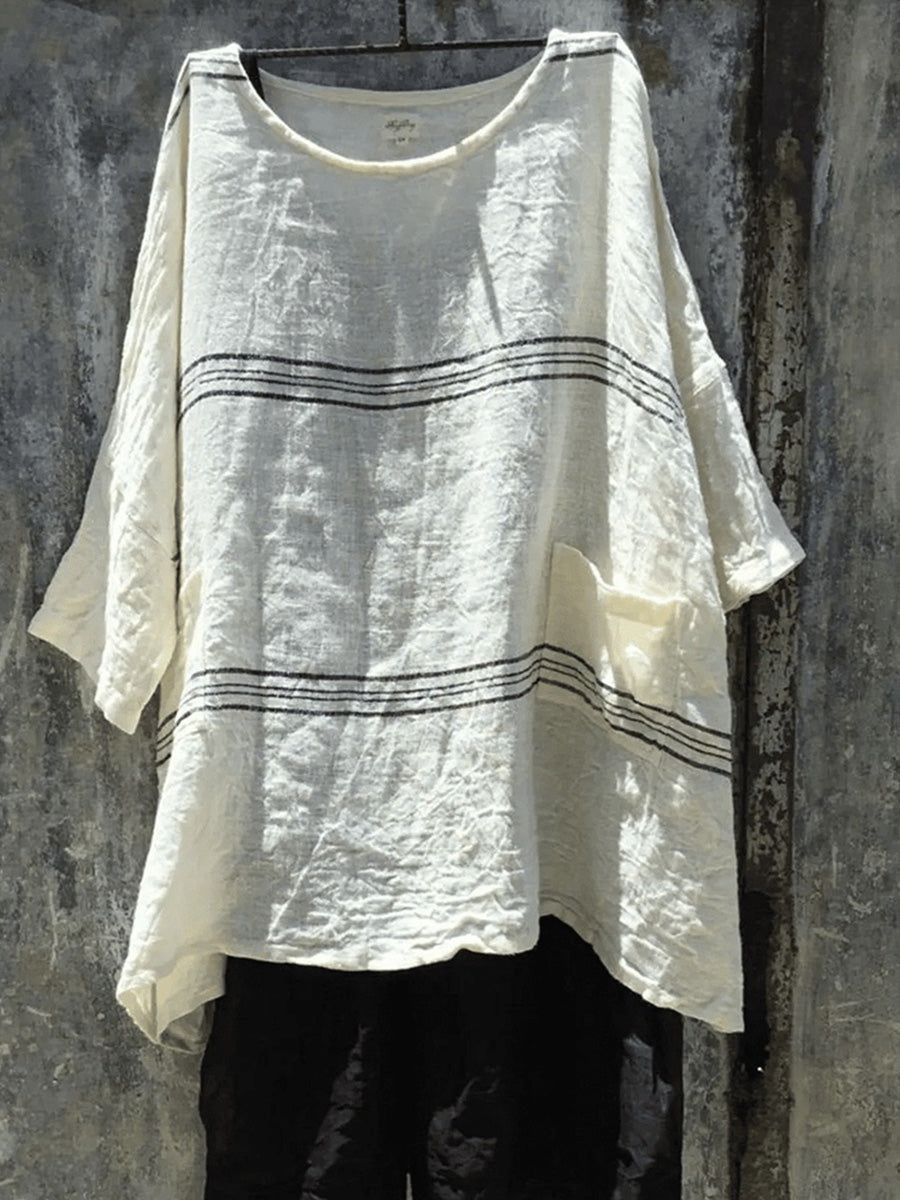 Haut rayé imprimé à col rond et manches 3/4