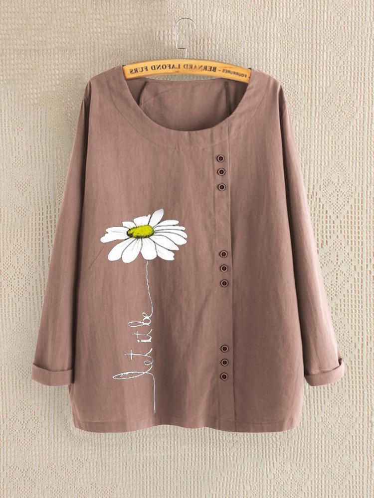 Casual Print Daisy Button Long Sleeve Blouse
