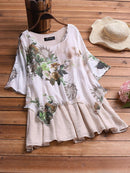 Vintage Patchwork Print Fake Two-Piece Half Sleeve Plus Size Blouse