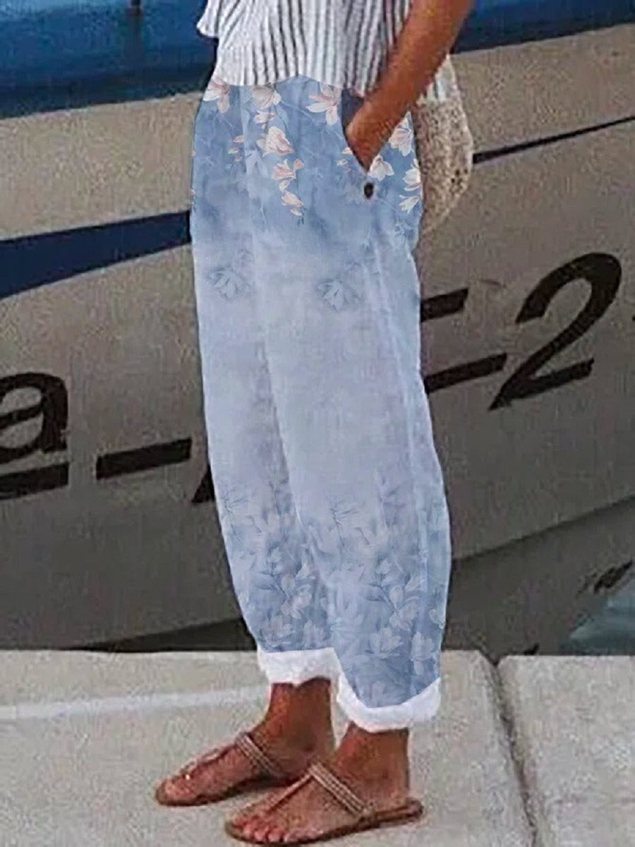 Pantalon bleu décontracté à imprimé floral ample