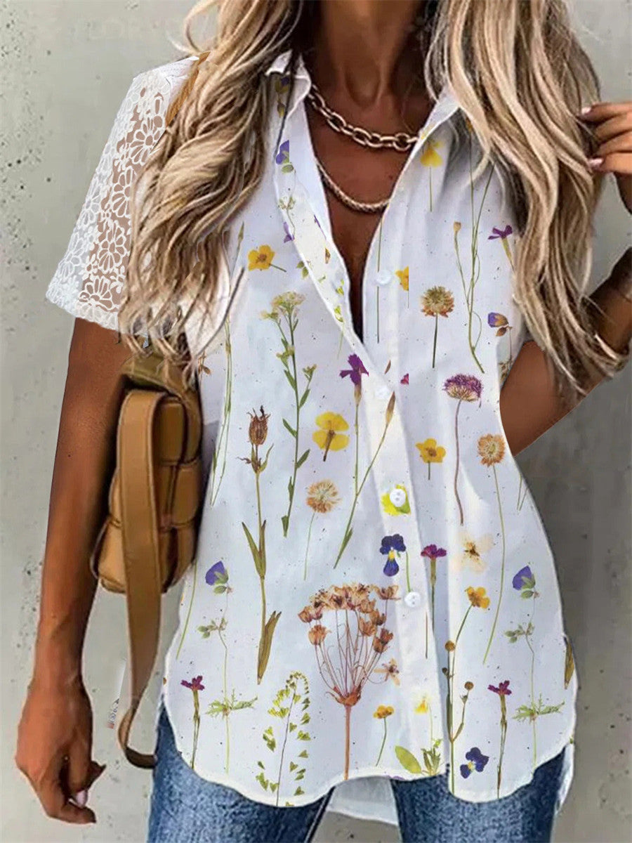 Floral Print Lapel Short Sleeve White Blouse