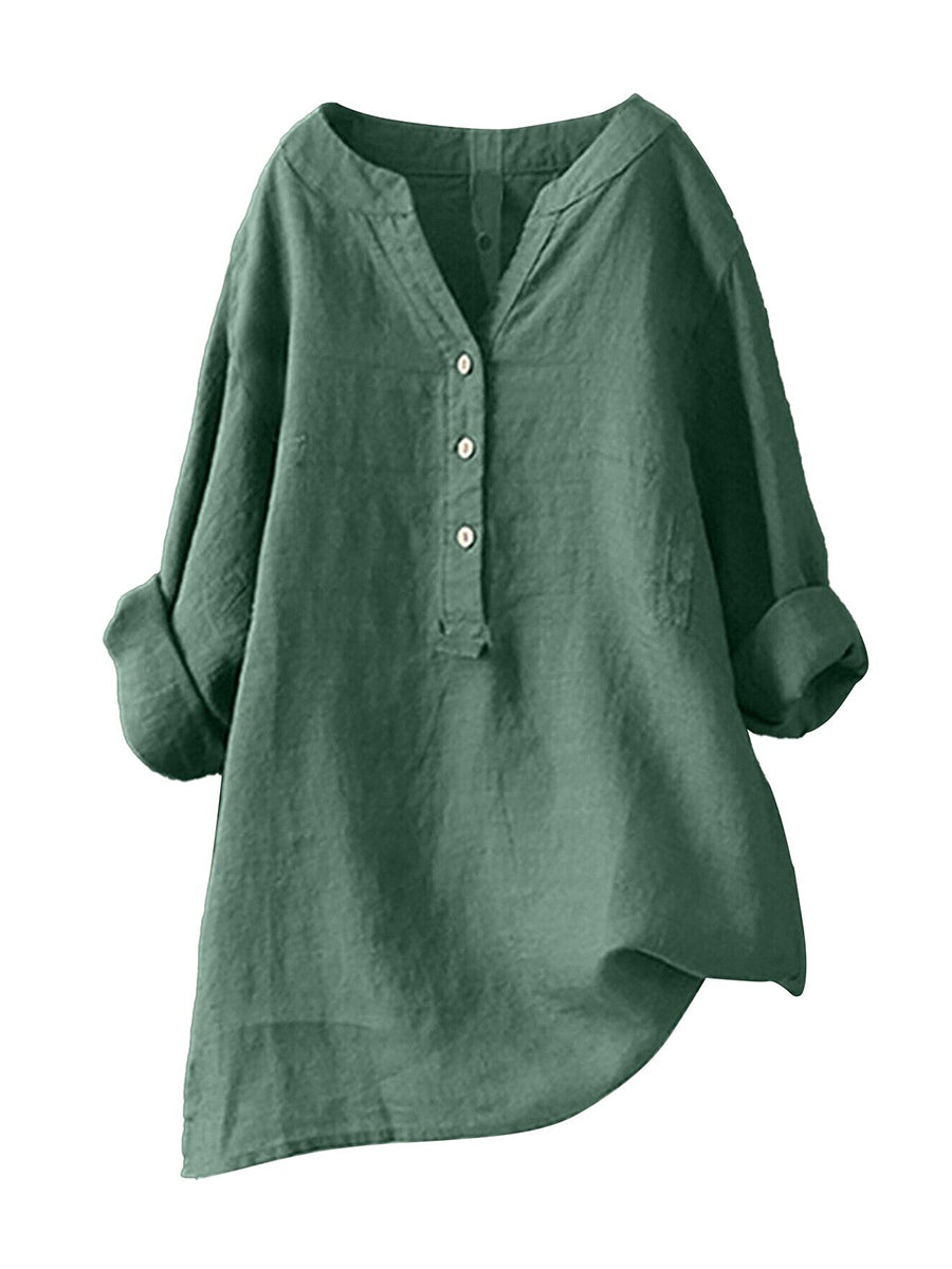 Haut à col montant, couleur unie, boutonné, manches longues