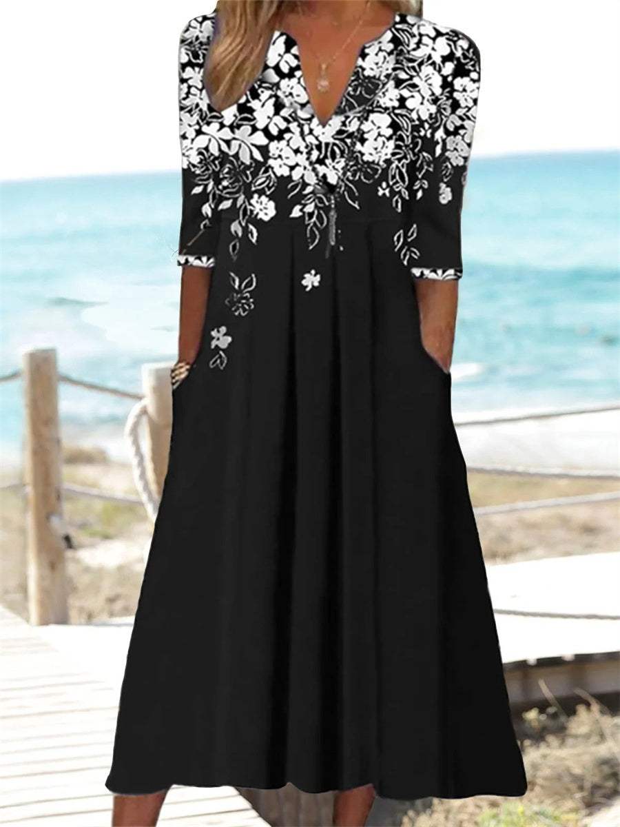 Robe élégante à imprimé floral et col en V, ample