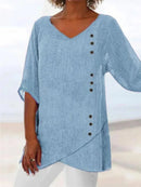 Women’s Blue V-Neck 3/4 Sleeve Button-Trim Asymmetrical Hem Blouse