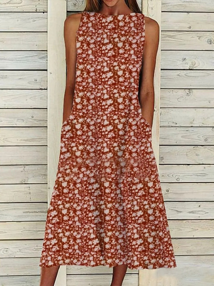 Robe rouge d'été sans manches à col rond pour femme