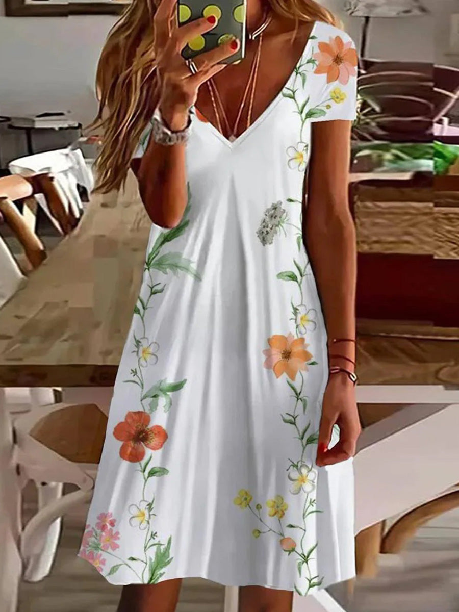 Floral Print V-Neck Short Sleeve Mini Dress
