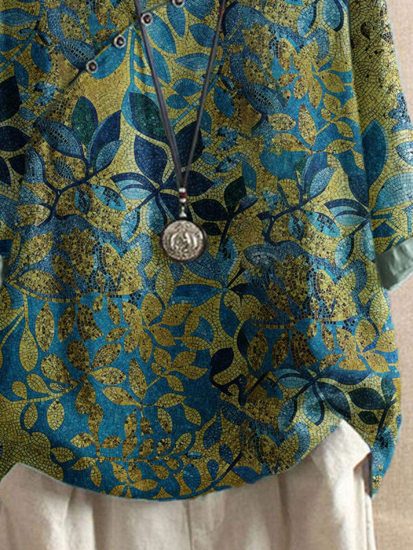Women’s Vintage Leaf Print Half Sleeve Loose Fit Casual Blouse