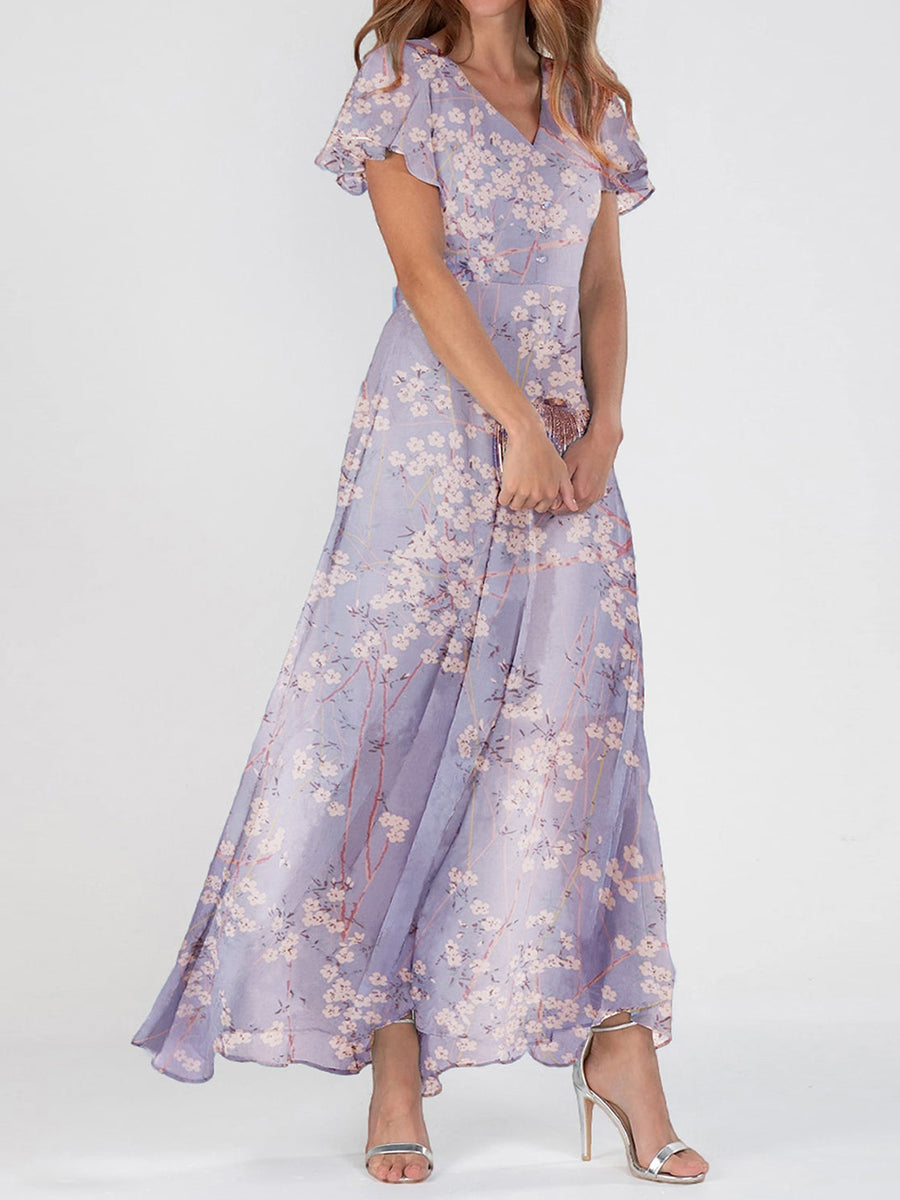 Robe longue élégante à col V et manches courtes imprimée florale