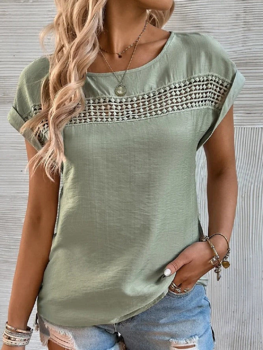 Green Casual Round Neck Solid Short Sleeve Blouse