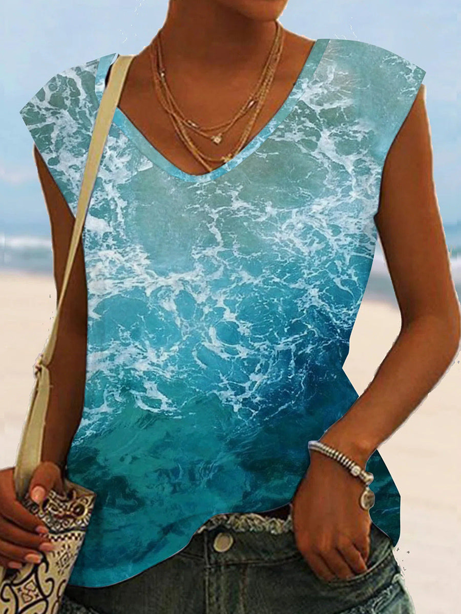 Ocean Gradient Print V-neck Sleeveless Blue T-shirt