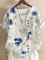 Floral Print Round Neck Short Sleeve White T-shirt