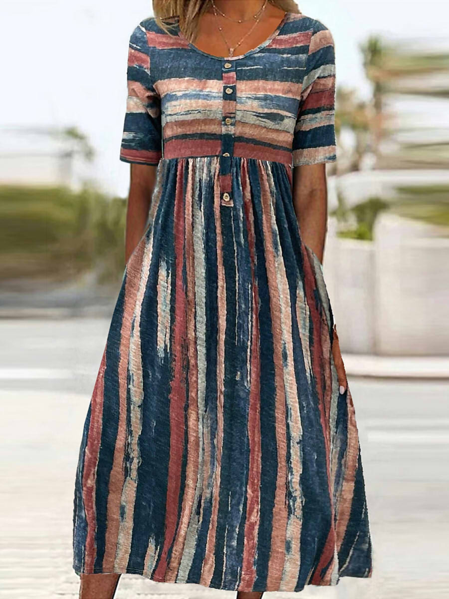 Women’s Striped Button Front Short Sleeve Loose Fit Midi Dress