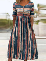 Women’s Striped Button Front Short Sleeve Loose Fit Midi Dress