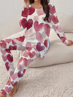 Heart Print Crew Neck Long Sleeve Comfy Casual Two Piece Set