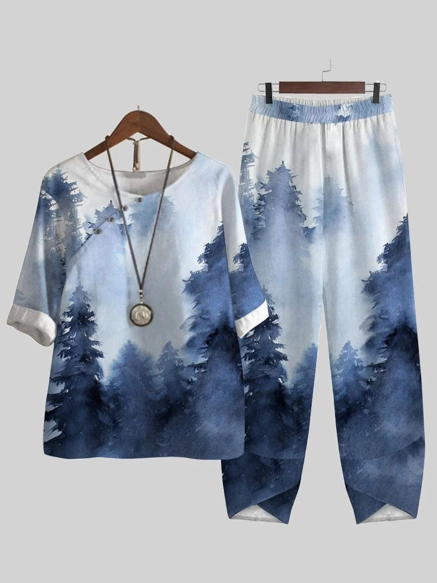 Ensemble deux pièces bleu décontracté à col rond et imprimé forêt d'encre, manches courtes