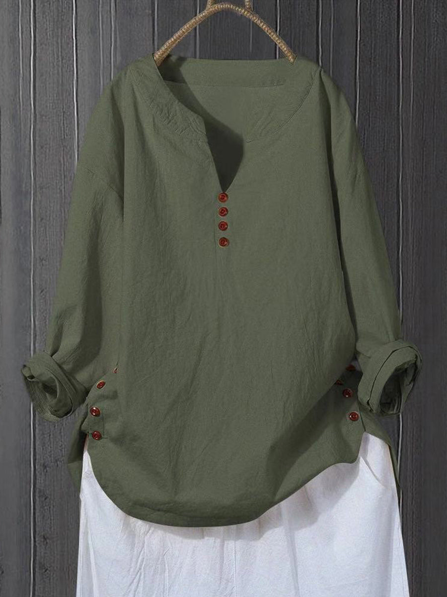 Literary And Artistic Pullover V-Neck Loose Fitting Shirt