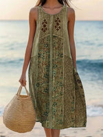 Green Ethnic Print Round Neck Sleeveless Midi Dress