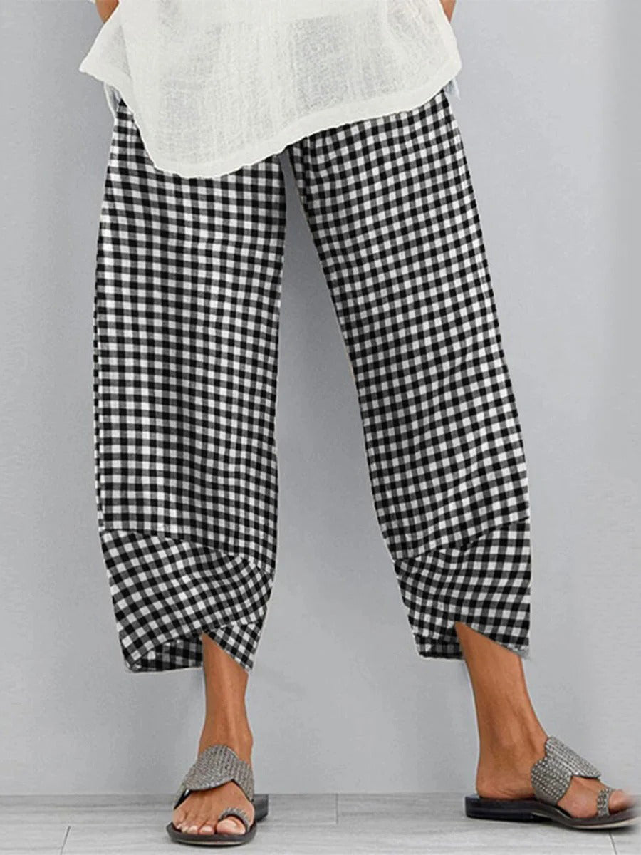 Pantalon court à carreaux doux avec surpiqûres