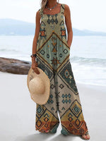Vintage Pattern Print Casual Wide Leg Jumpsuit