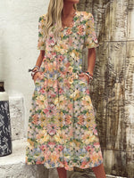Colorful Flower Print V-Neck Short Sleeve Maxi Dress