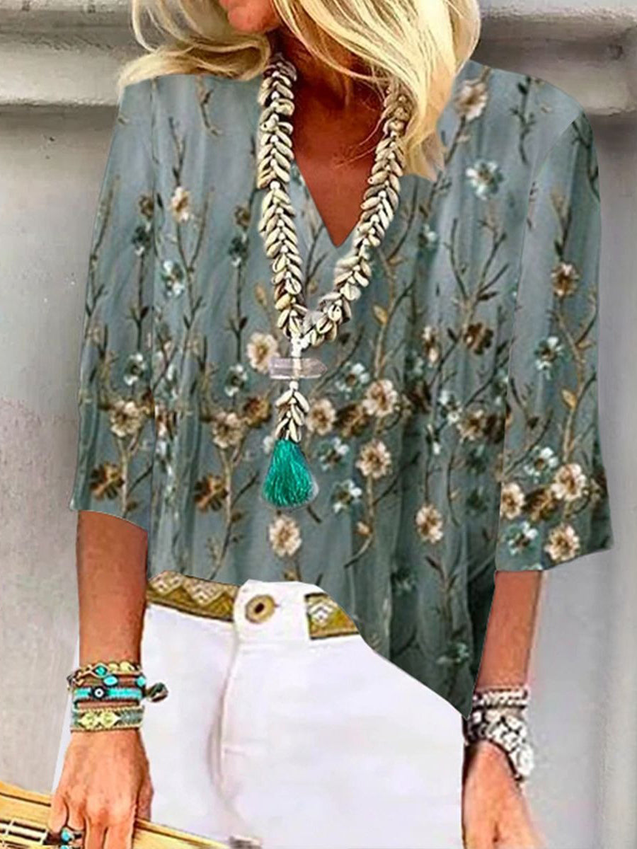Haut tendance à imprimé floral vert et manches 3/4