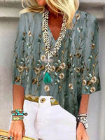 Haut tendance à imprimé floral vert et manches 3/4