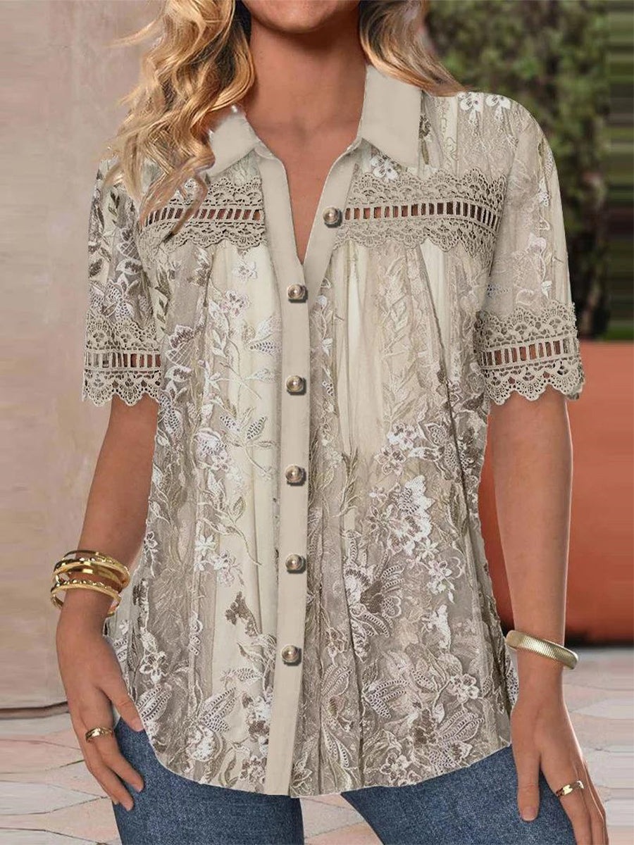 Short Sleeve V-neck Floral Printed Graphic Lace Hollow Stitching Button Top