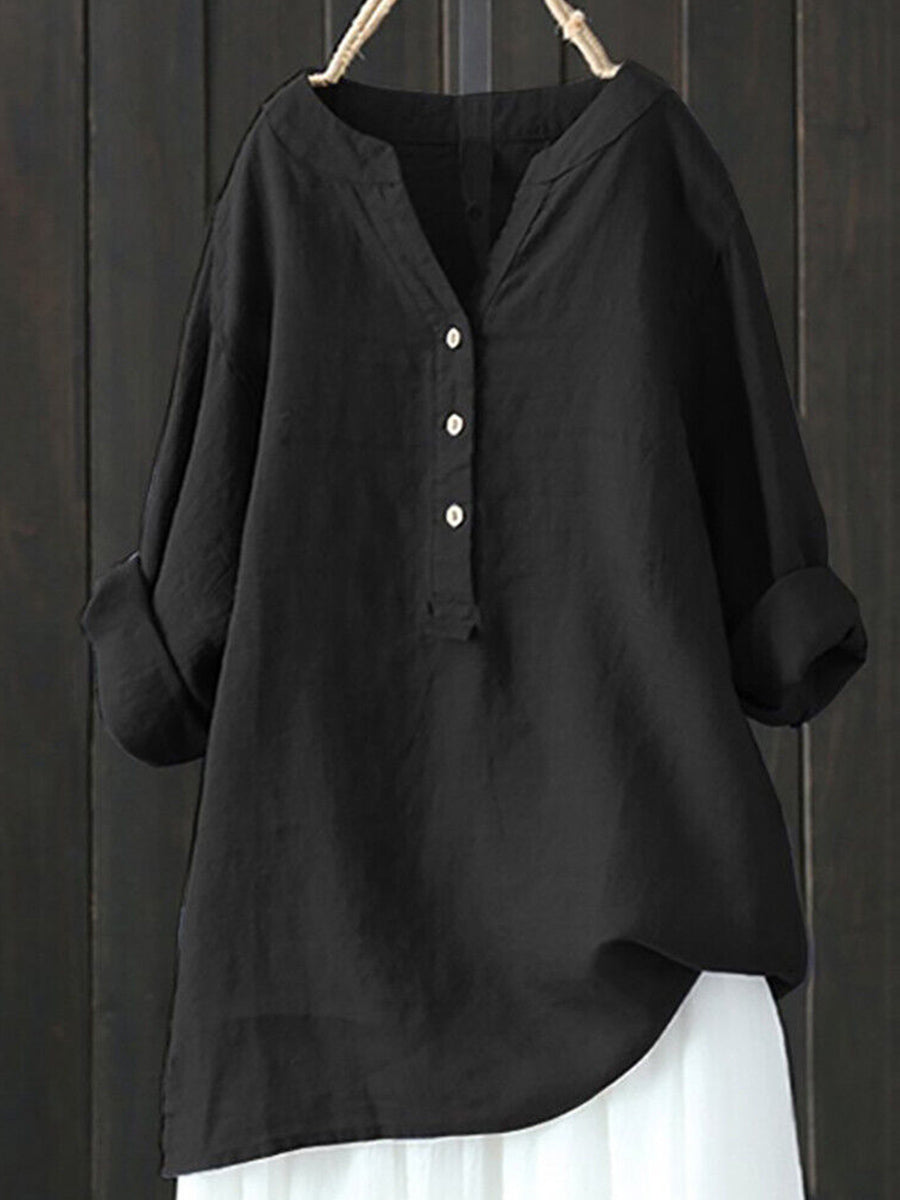 Haut à col montant, couleur unie, boutonné, manches longues