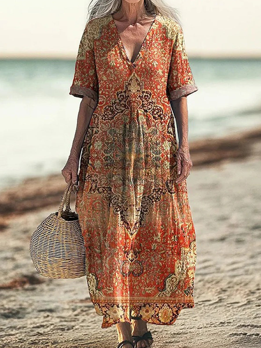 Robe courte en coton à manches courtes pour femme, imprimée de motifs ethniques rétro.