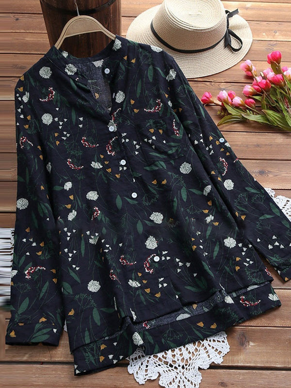 Elegant Floral Print Stand Collar Blouse