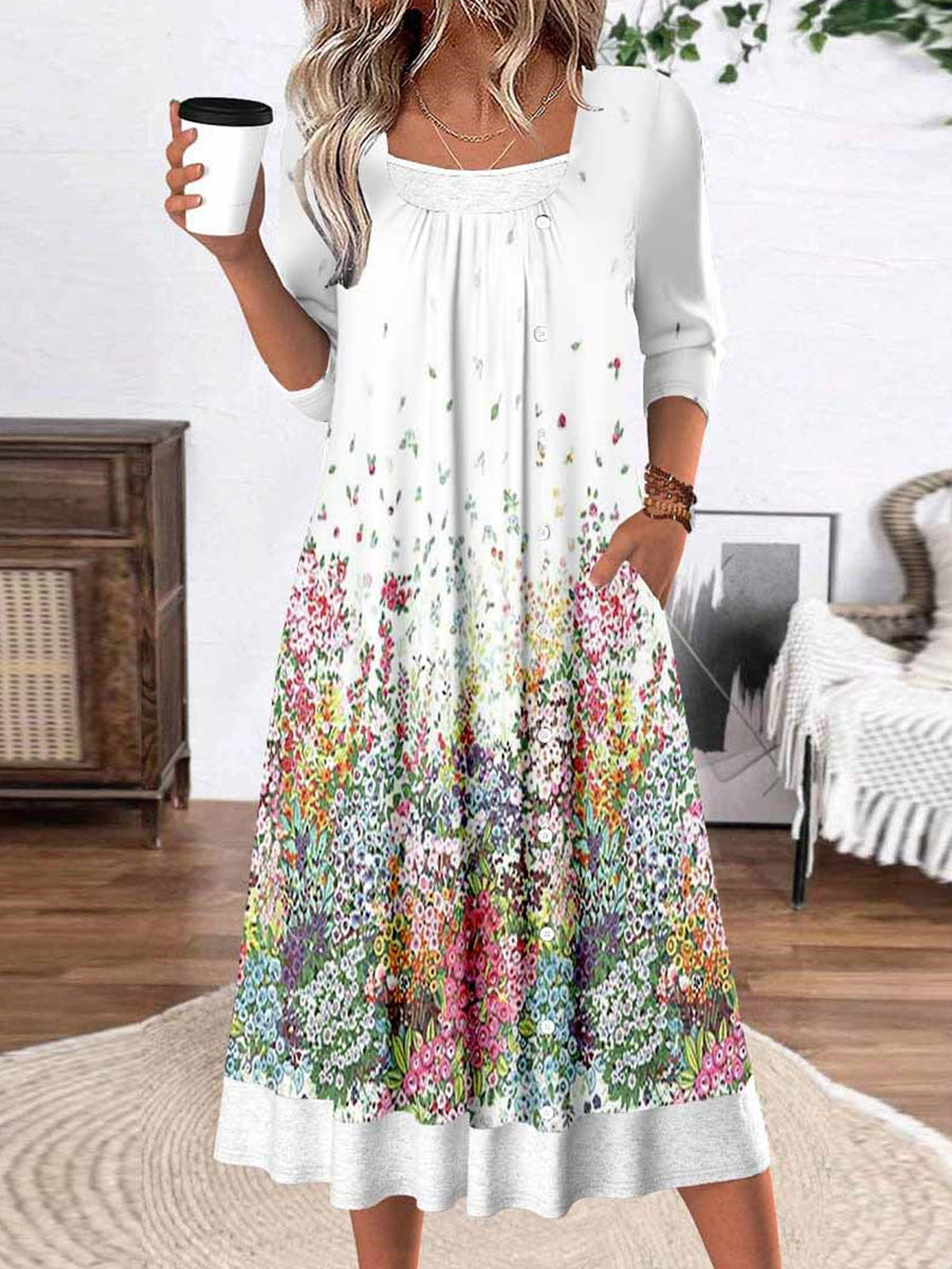 Robe midi élégante à col carré et manches 3/4