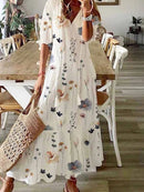 Women’s Floral Print V-Neck Half Sleeve Casual Maxi Dress