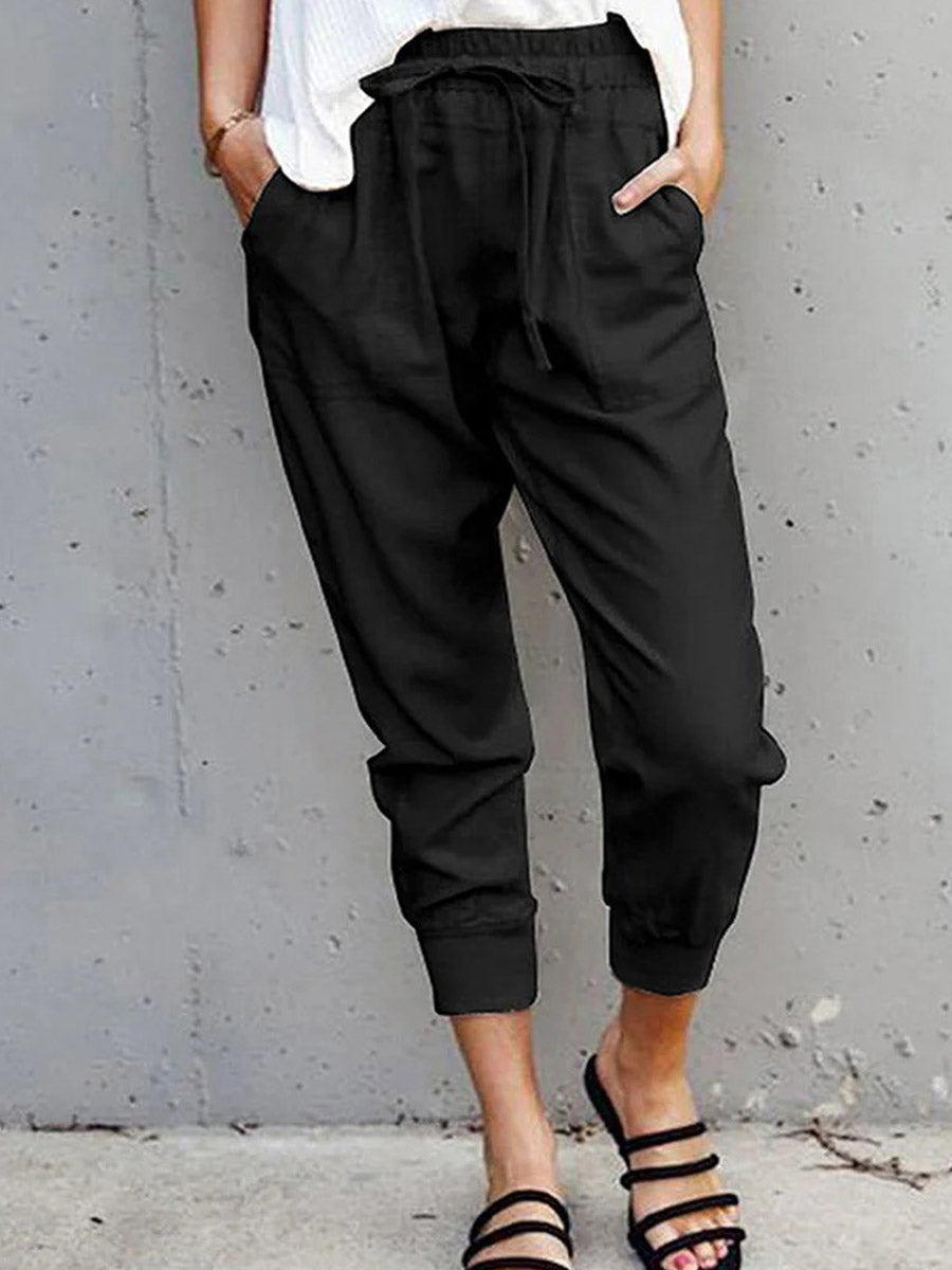 Pantalon décontracté à lacets de couleur unie