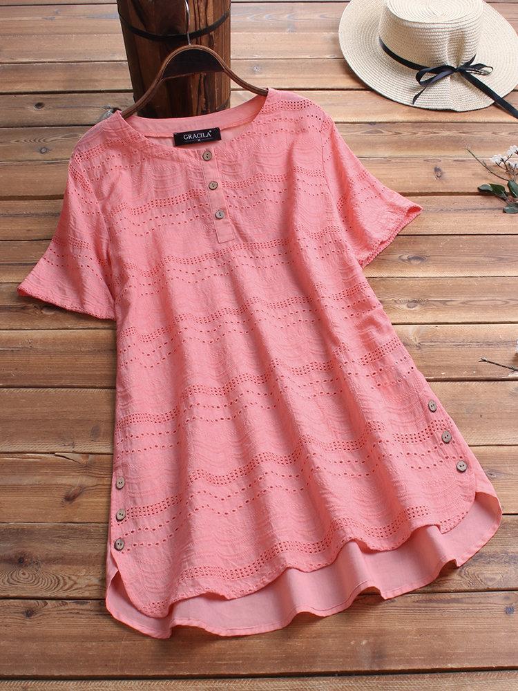 Bohemian Embroideried Short Sleeve Button Casual Blouse