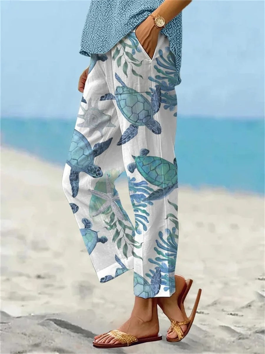 Women’s Sea Turtle Print Elastic-Waist Casual Pants