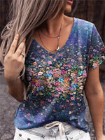 Floral V Neck Floral-Print Casual T-Shirts