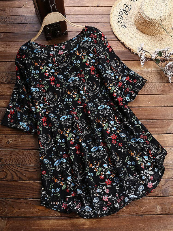 Vintage Print Floral Short Sleeve Crew Neck Blouse