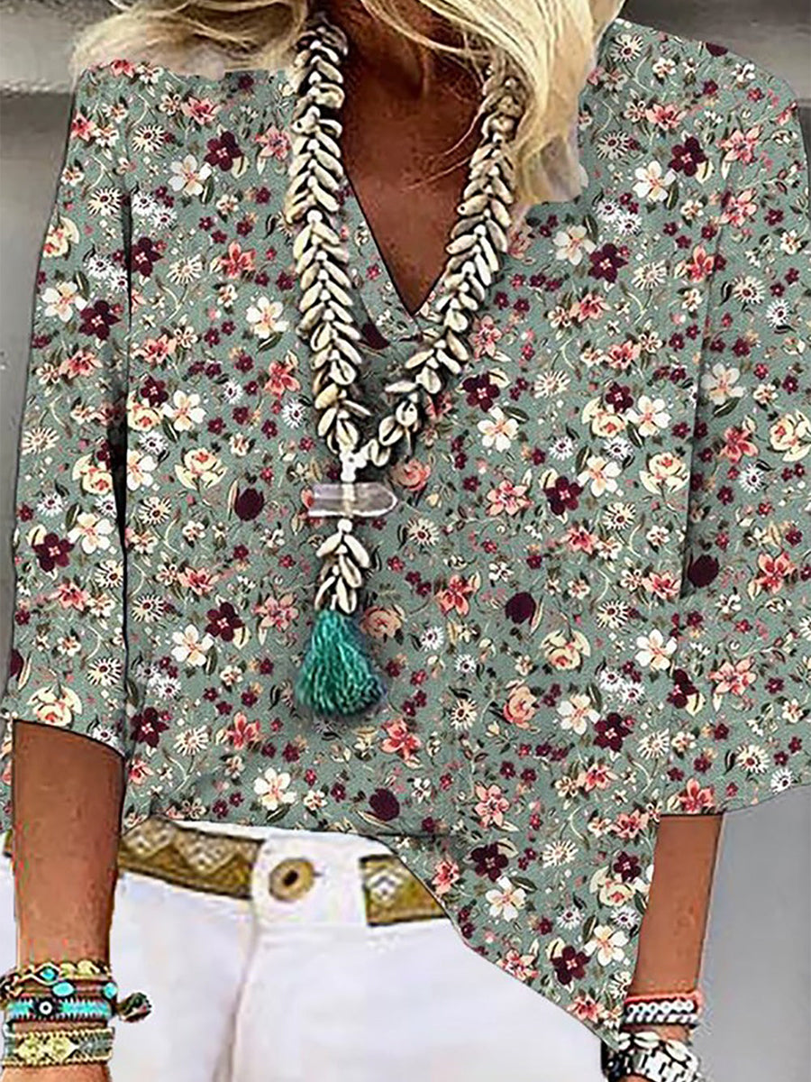 Chemisier à col en V et manches 3/4 à imprimé floral