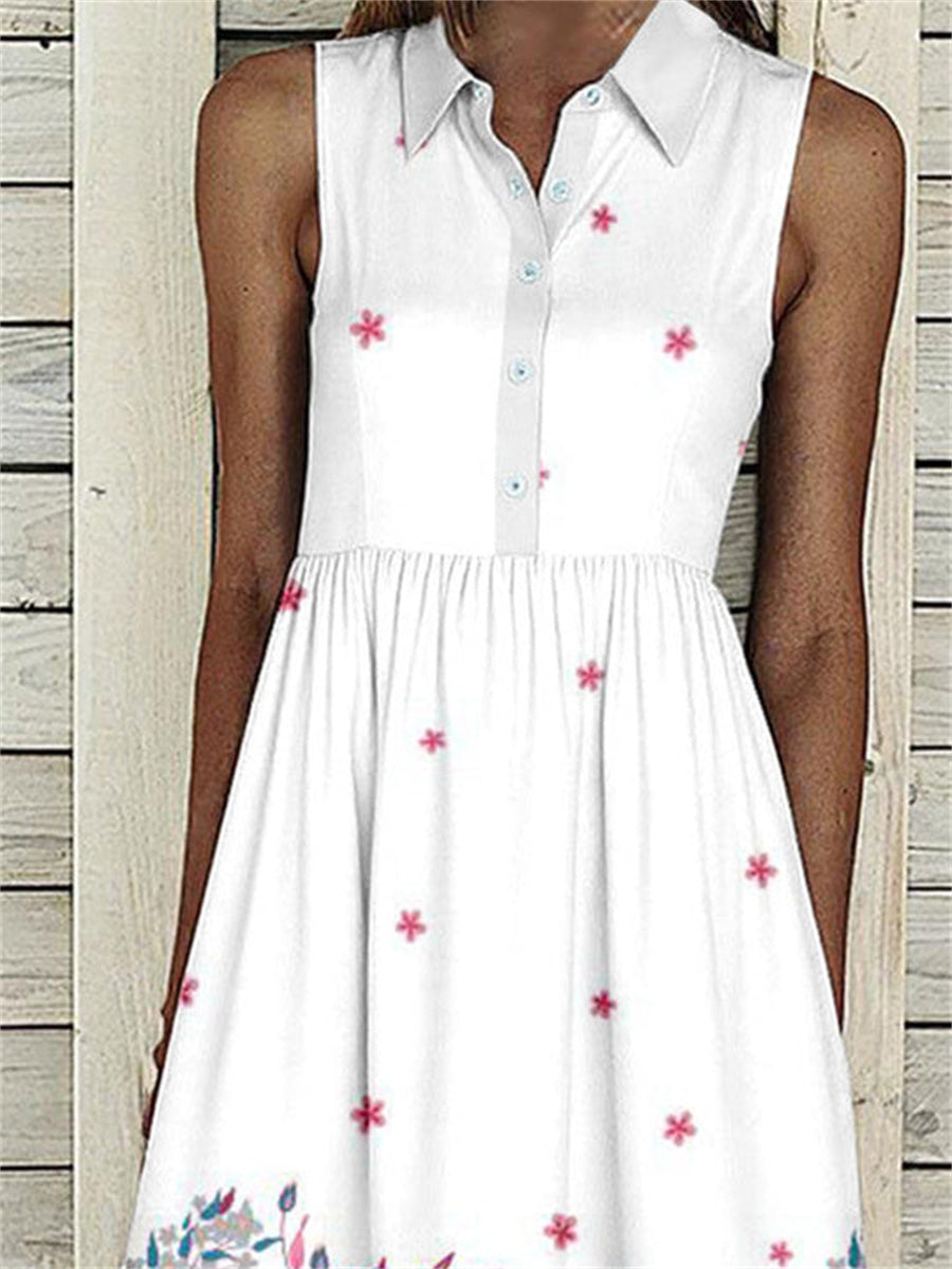 Robe maxi sans manches pour femme, à revers, imprimé floral, poches boutonnées et boutons.