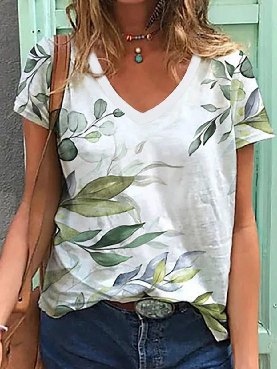 Leaf Print V-neck Short Sleeve T-shirt