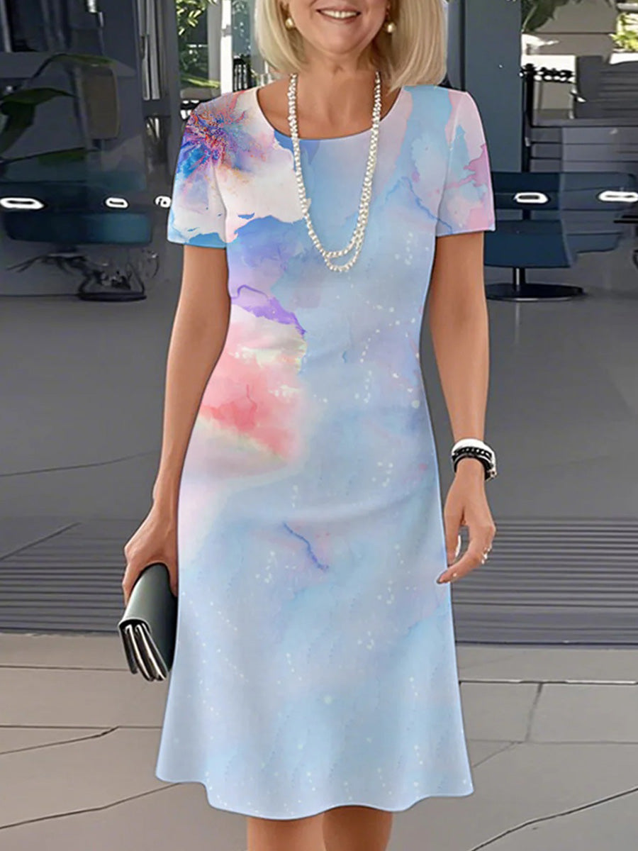 Superbe mini-robe bleue à col rond et manches courtes