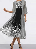 Floral Print Crew Neck Half Sleeve Loose Two Piece Dress