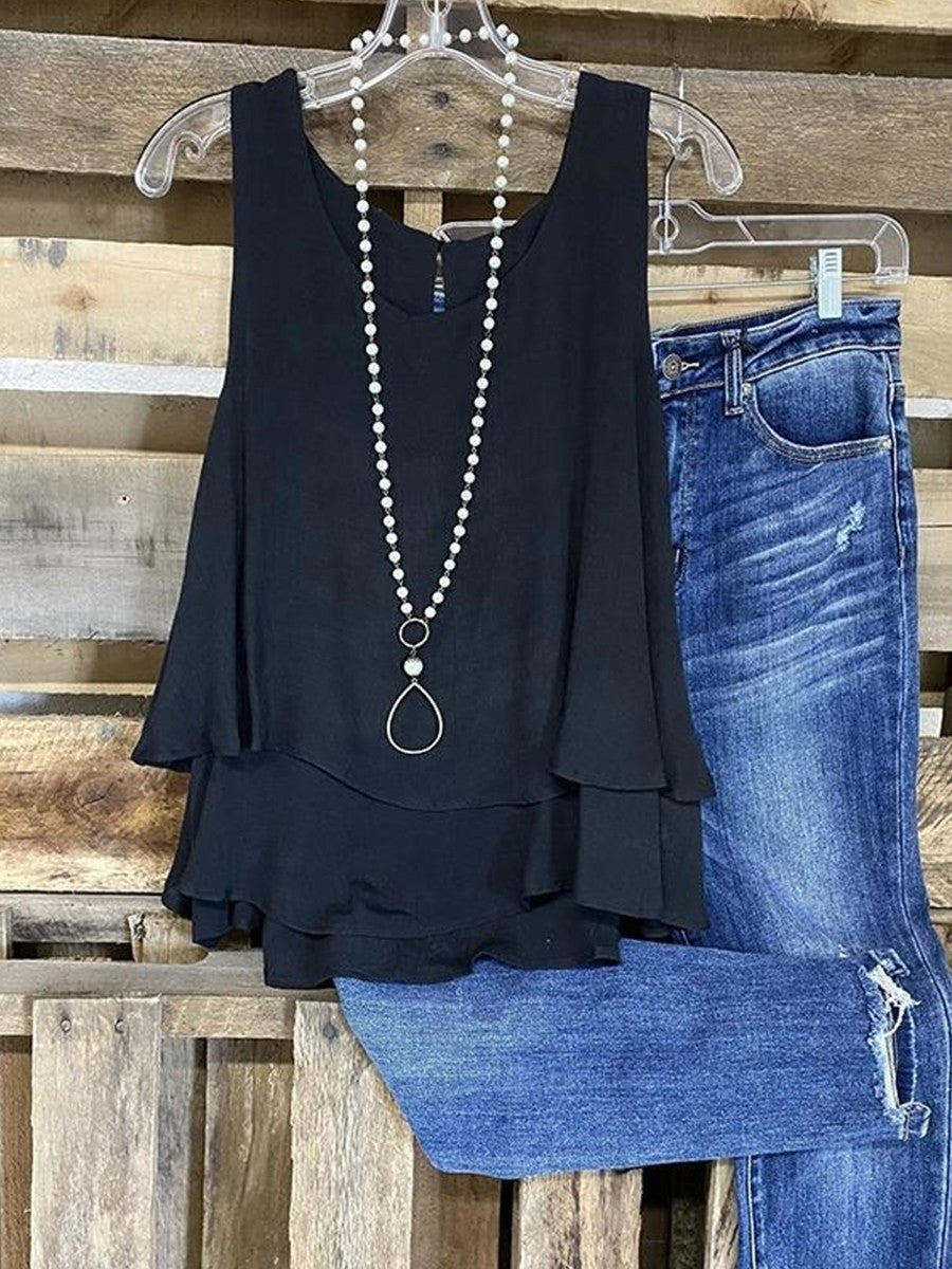 Women’s Sleeveless Layered Ruffle Hem Flowy Summer Top