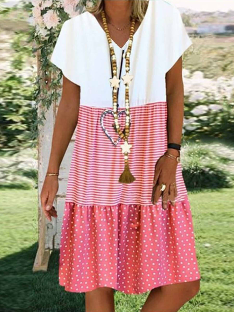 Robe courte décontractée à rayures et pois, col en V, manches courtes, longueur genou