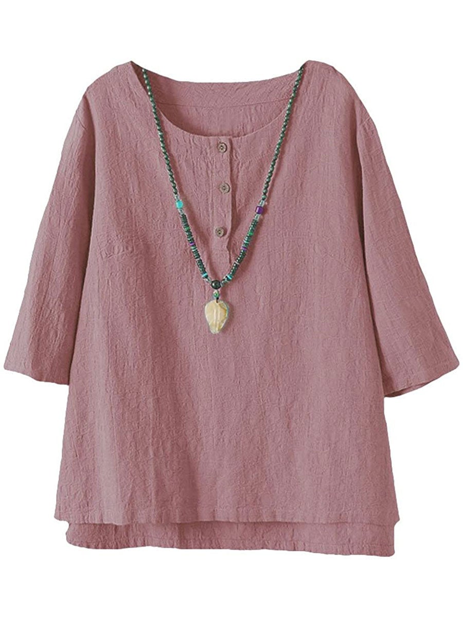 Chemisier décontracté à boutons unis, col rond et manches 3/4