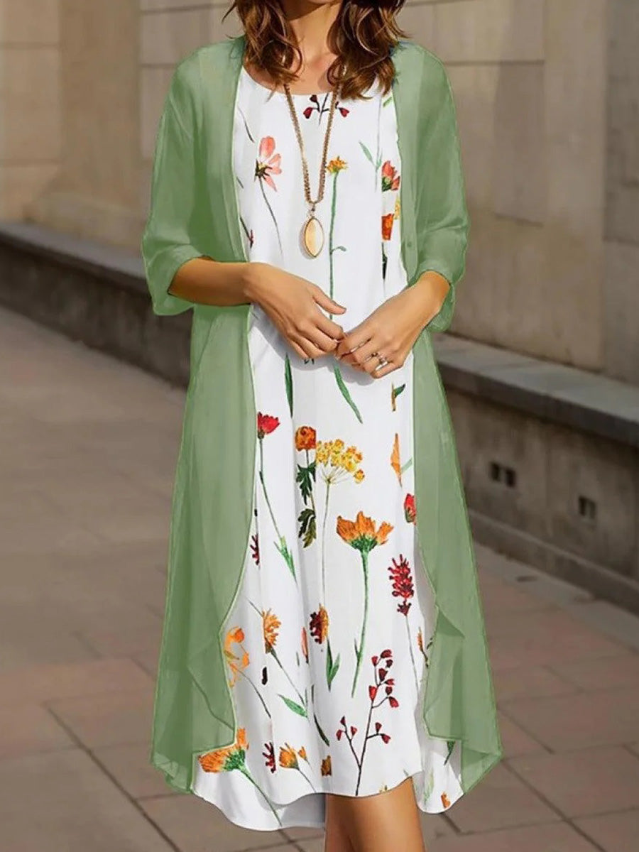 Robe midi romantique à imprimé floral et col rond