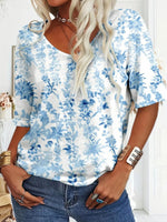 Distinctive Blue V-neck Short Sleeve Top